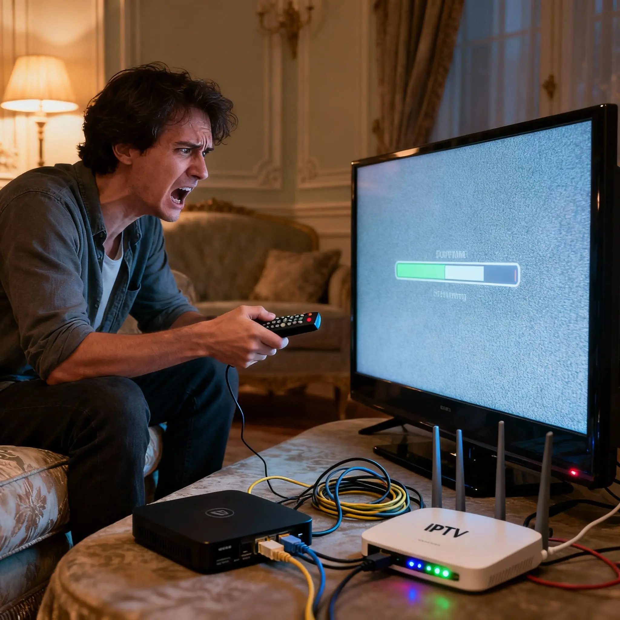 Personne frustrée tenant télécommande IPTV avec écran qui plante en arrière-plan