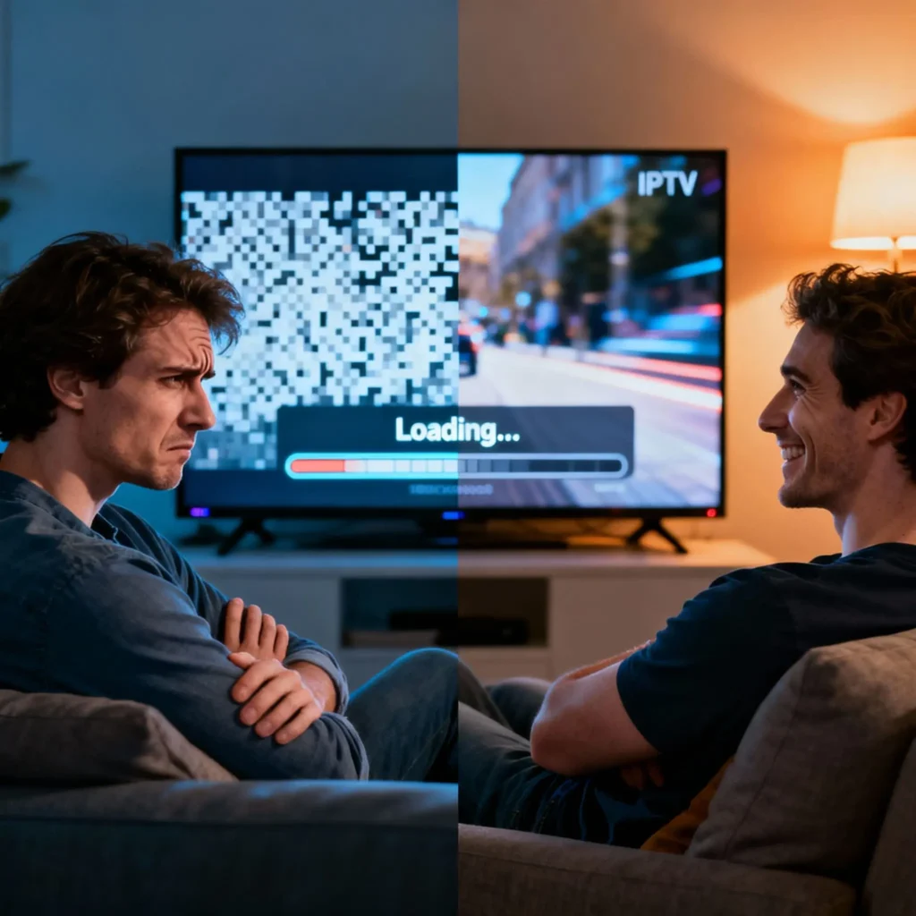 IPTV France écran divisé montrant personne frustrée avec buffering à gauche contrastée avec streaming parfait dans salon français moderne