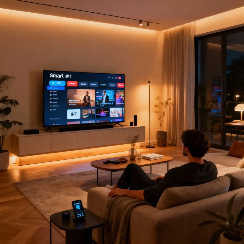 Personne regardant une Smart TV avec interface IPTV moderne dans un salon lumineux