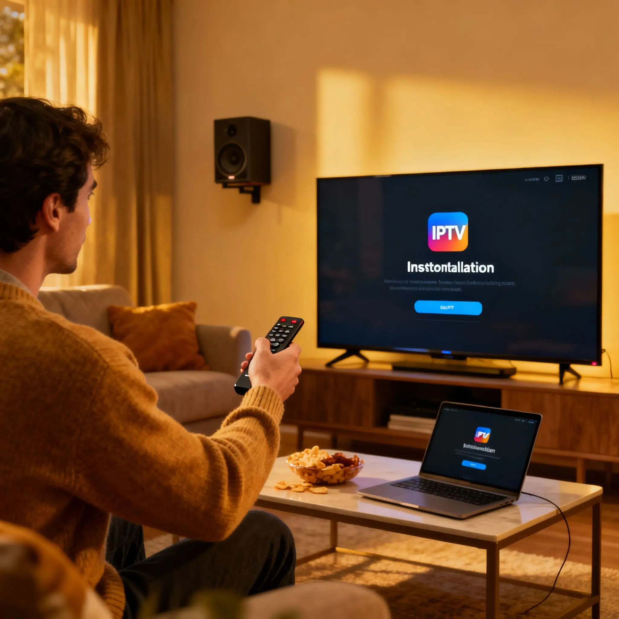 Installation IPTV sur Smart TV avec télécommande en main dans un salon connecté