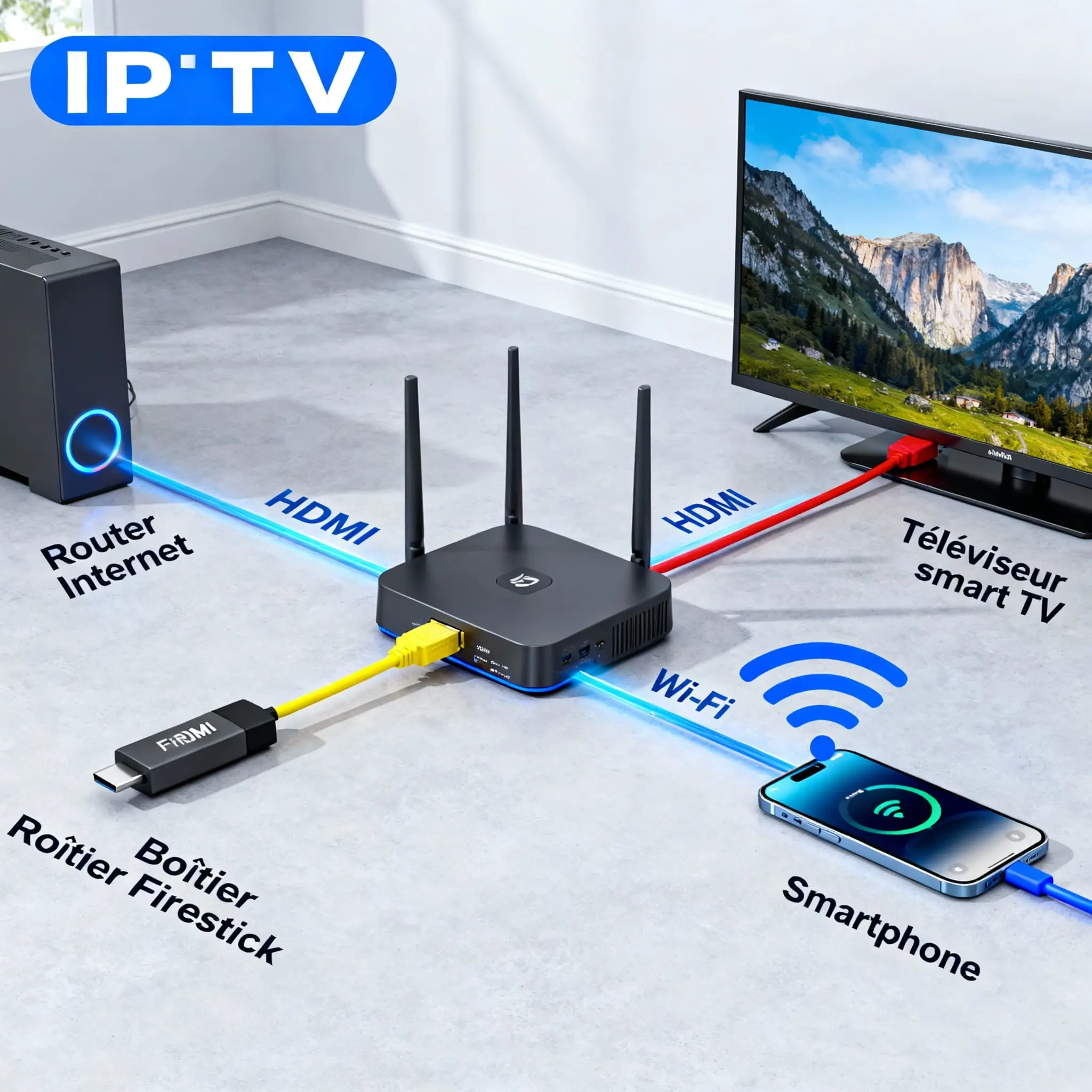 Schéma réseau IPTV montrant la connexion entre routeur, Firestick, Smart TV et smartphone